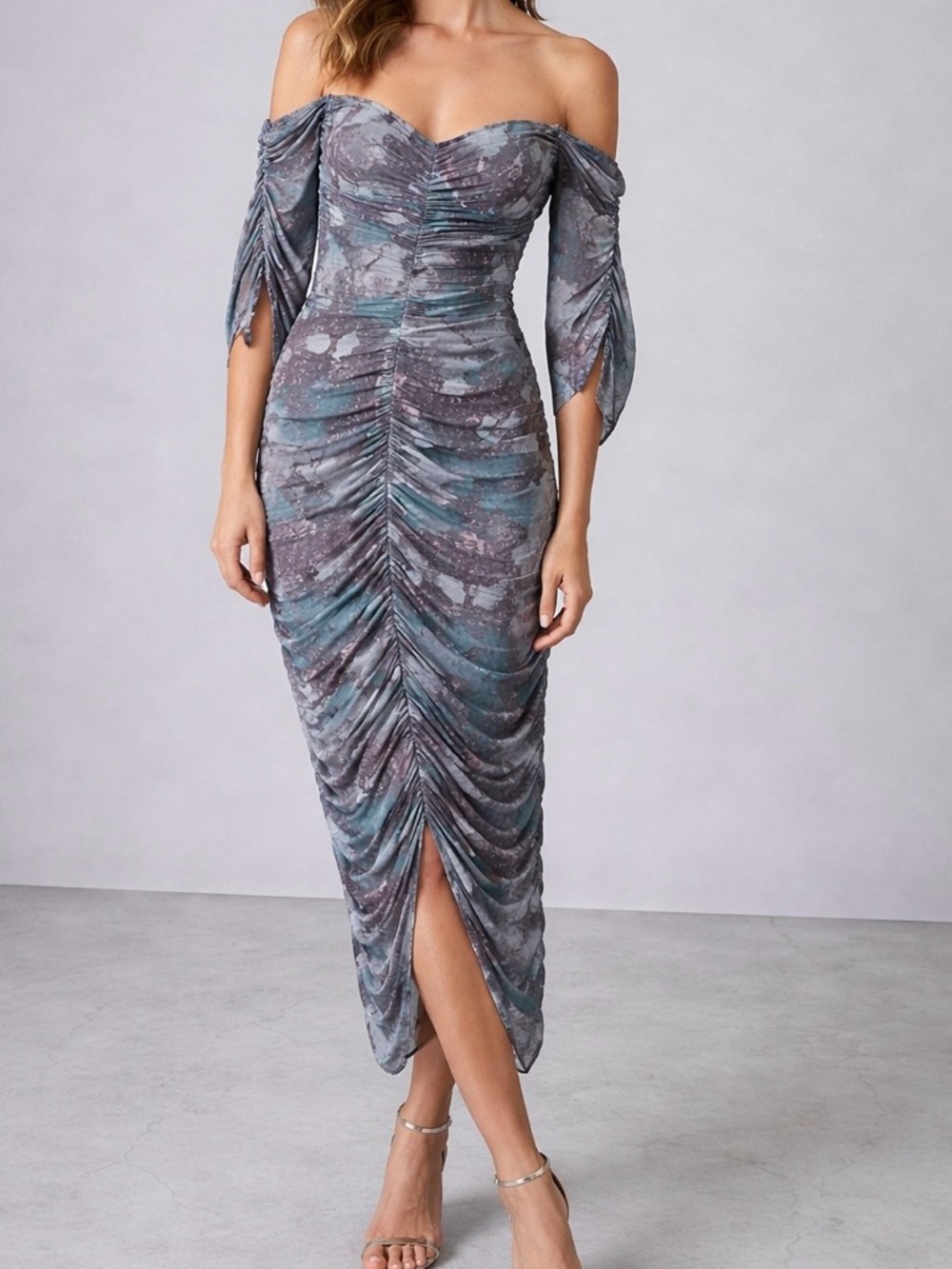 Zara Off-Shoulder Ruched Midi Dress in Slate Blue and Gray